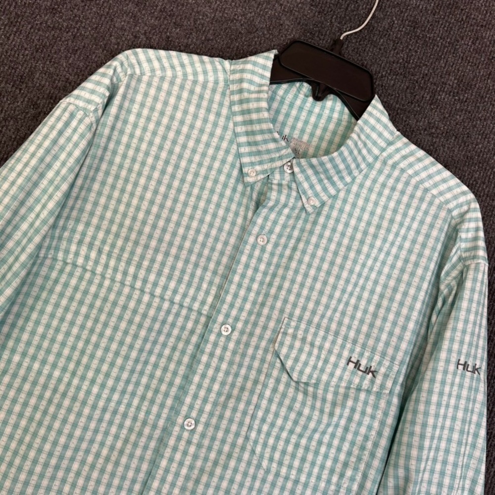 Huk Tide Point Performance Fishing Mens XL Shirt Blue Green Check LS Button Down